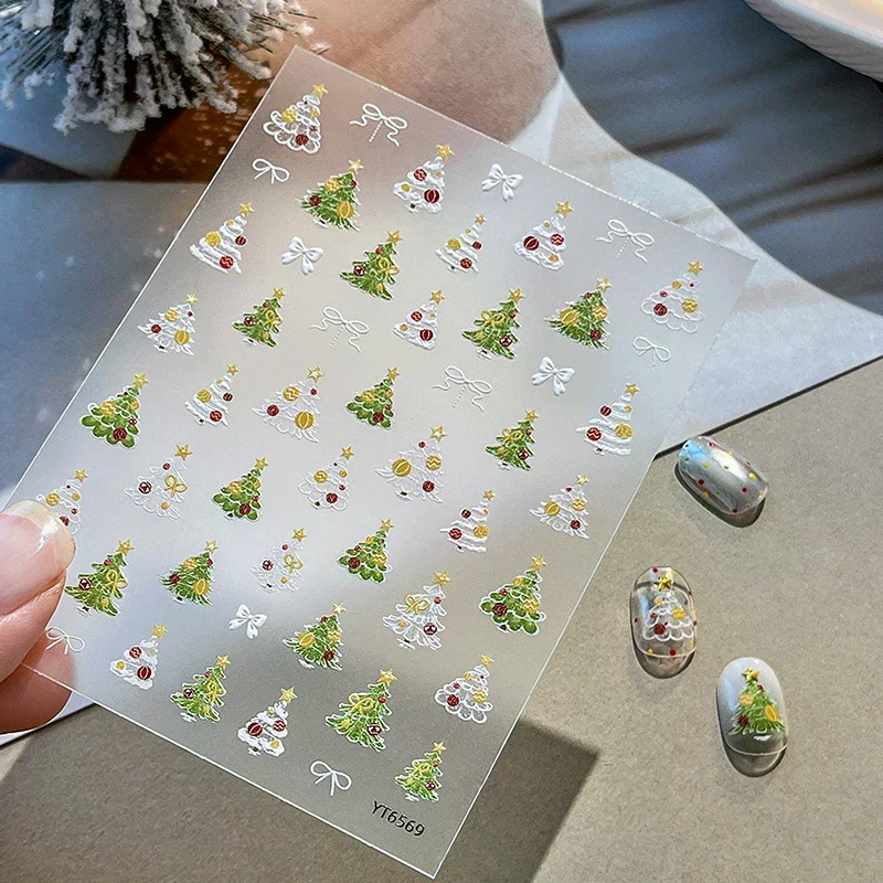 Christmas Tree Embossed Nail Stickers Self-Adhesive Xmas Manicure Decals, Charm Nail Ornaments 3D Raised Nail Art Decorations