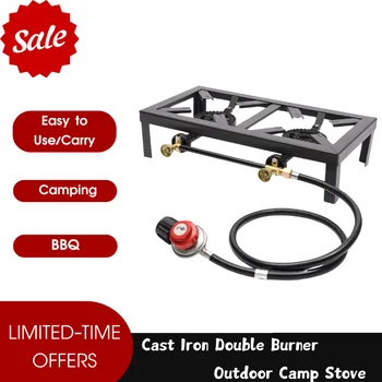 Cast Iron Double Burner Portable Outdoor Camp Stove Propane Gas LPG BBQ Cooker 1
