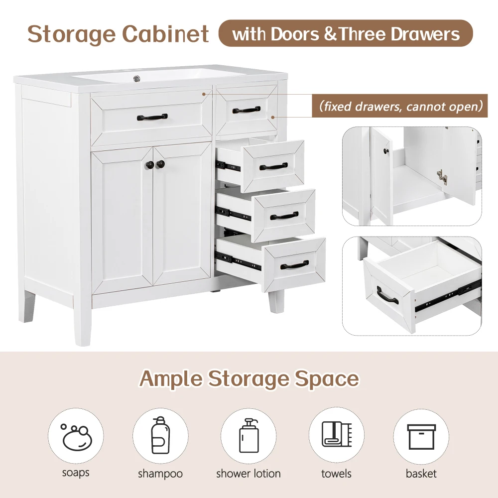 36" Bathroom Vanity with Sink Combo, White Bathroom Cabinet with Drawers, Solid Frame and MDF Board 3