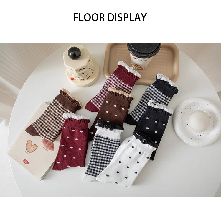 1/5 Paar Damensocken, japanische gerollte Kante, Lolita, gepunktet, kariert, Spitze, Preppy-Stil, Komfort, hochwertige Baumwollsocken für Mädchen – Detail 11