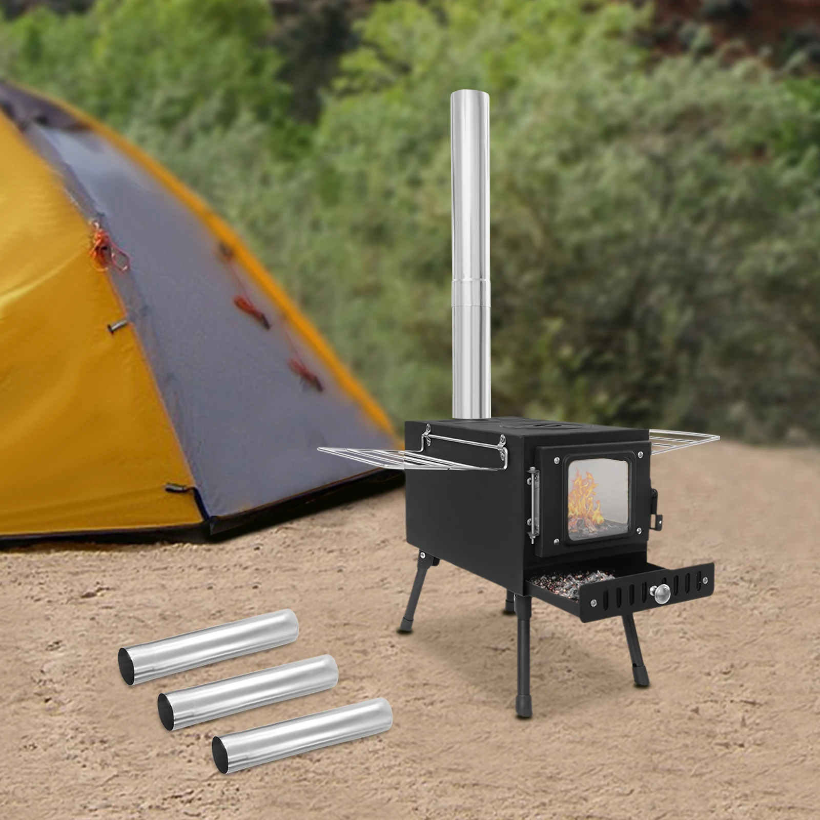 Tragbarer Zeltkamin, ZA360 Faltbarer Campingkamin aus Kohlenstoffstahl für Outdoor-Heizung, Holzofen mit Abnehmbarem Schornstein – Detail 10