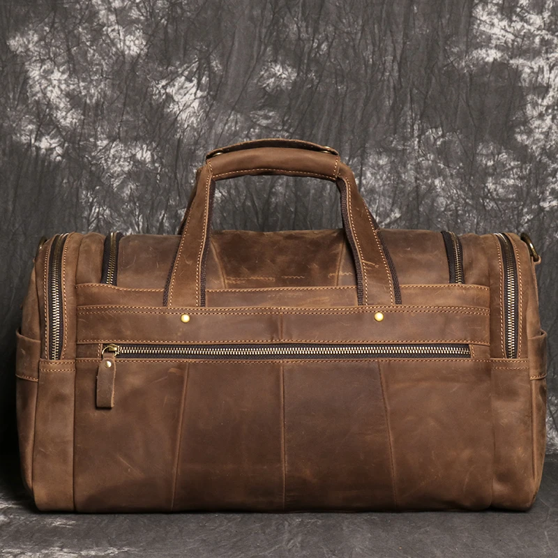Retro Brown Men's Hand Luggage Bag Crazy Horse Leather Large Capacity Travel Bag Business Weekend One Shoulder Messenger Bag 2
