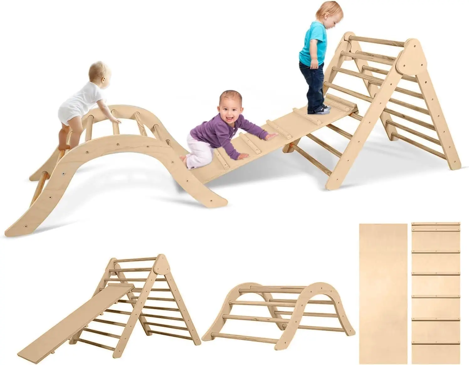 6-in-1 Pikler  Wood Adjustable Triangle Set Wooden Montessori Climbing Set with Ramp Arch Slide and Net Climbing Toys Indoor 3