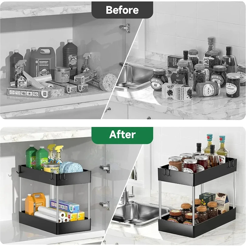 1 Pcs Under Sink Storage Organizer 2 Tier Drawer Multipurpose Rack Cabinet Under Sink Storage Rack Bathroom Kitchen Organizer 5