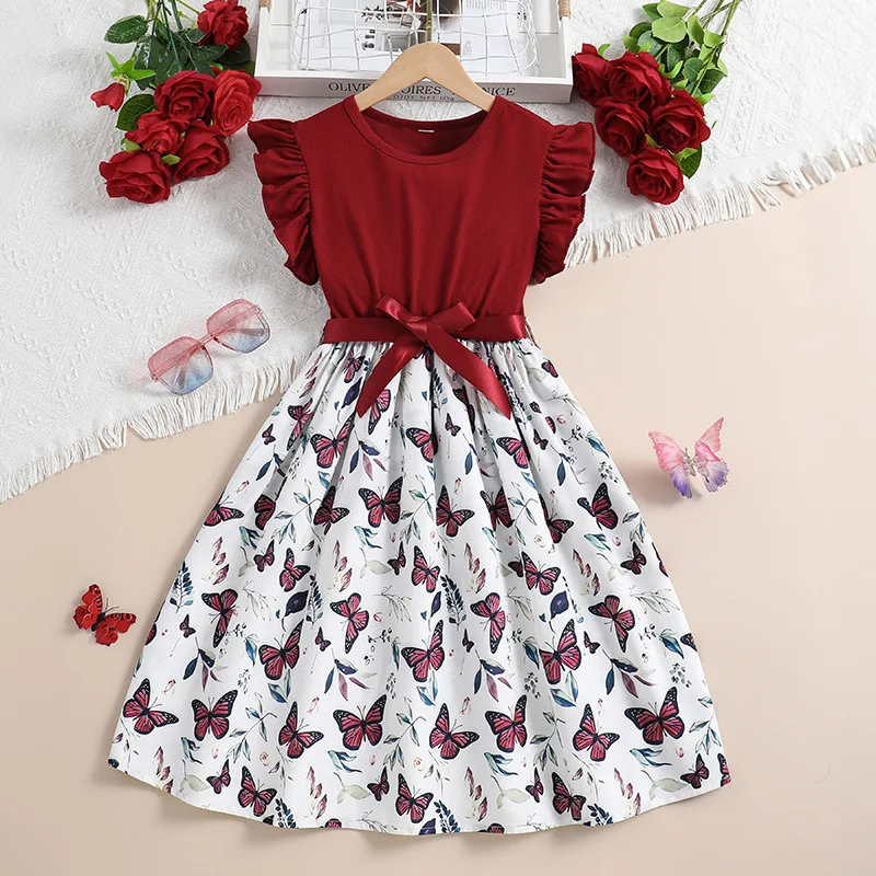 

2024 Summer New Arrival Girls Sleeveless O Neck Ruffles Print Butterfly Red Designer Cute Party Princess Dress Custume 8-12T