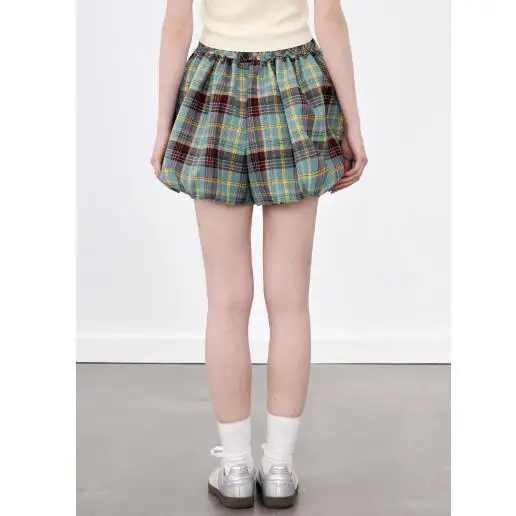 2024 Summer New Sweet Street Style Flower Bud High Waist Checkered Shorts