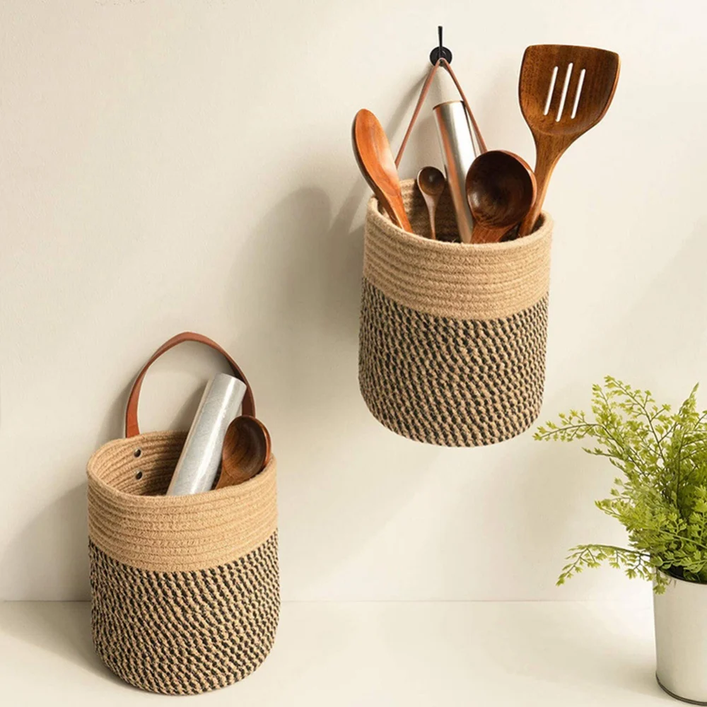 Wall Hanging Flower Basket Cotton Rope Woven Storage Basket Home Wall Decoration Container Kitchen Utensils Storage Organizer