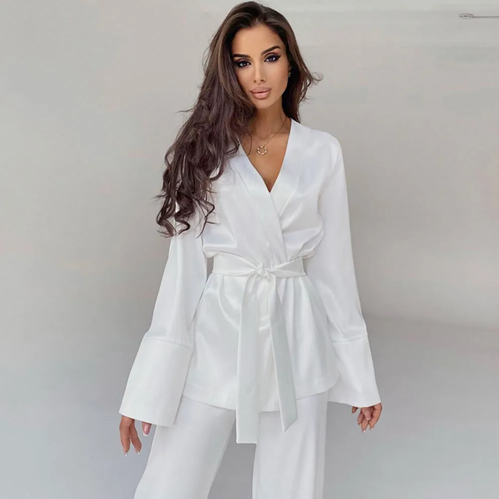 Spring New Europen Style Nightgown For Women Ice Silk Comfortable Cardigan Lace-up Long Sleeved Loose Pants 2Pcs Home Sleepwear