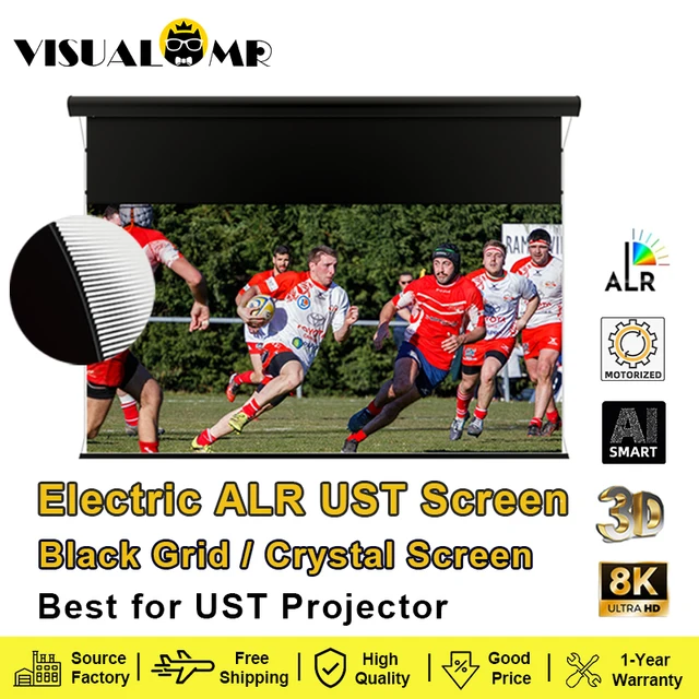 Electric Drop Down Black Grid ALR Crystal UST Projection Screen Motorized Ceiling&Wall Mount 150" 16:9 4K to UST Lazer Projector