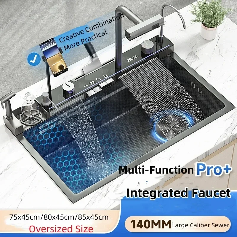Kitchen 304 Stainless Steel Waterfall Sink Digital Display Embossed Washing Basin Household washing Sink,kitchen accessories,kitchen sink