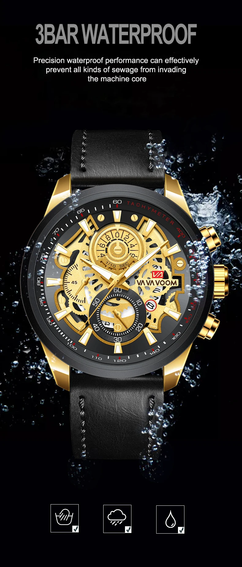 Brand Men Leather Watch Fashion Industrial Gear Clock 45mm Gold Quartz Movement Waterproof Man Military Sports Watch_voghion.com