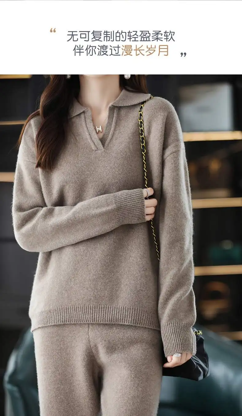WOTEEWS 2022 New 100% pure wool knitting suit women's two-piece loose lapel sweater cashmere casual wide leg pants women's suit