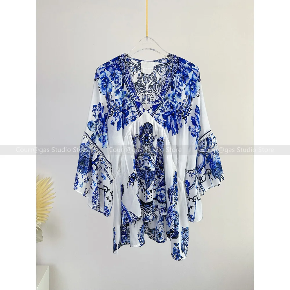 

2024 Spring and summer new silk printing with diamonds ethnic style celadon fairy blouse