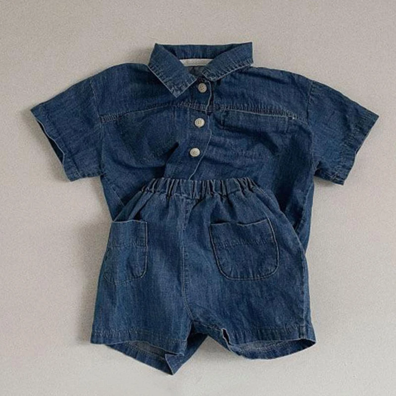 baby clothing set red	 Boys and girls short-sleeved denim shirts cardigan tops children's suits summer baby girl shorts suits fashion two-piece suit baby clothes in sets	