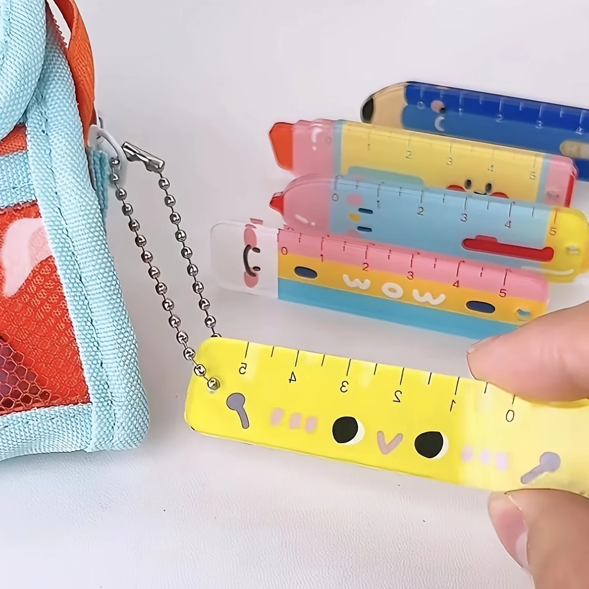 고양이 발 모양의 미니 자 5개 세트, 끈 포함, 휴대 편리, 열쇠고리로 사용 가능, 문구류 A3228