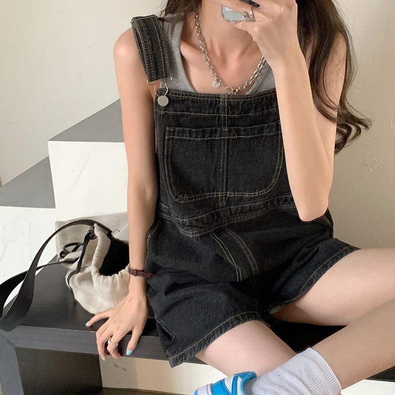 Getadme Summer korean preppy style Jumpsuit Denim Overalls Casual Girls blue Jeans Shorts womens main image 0