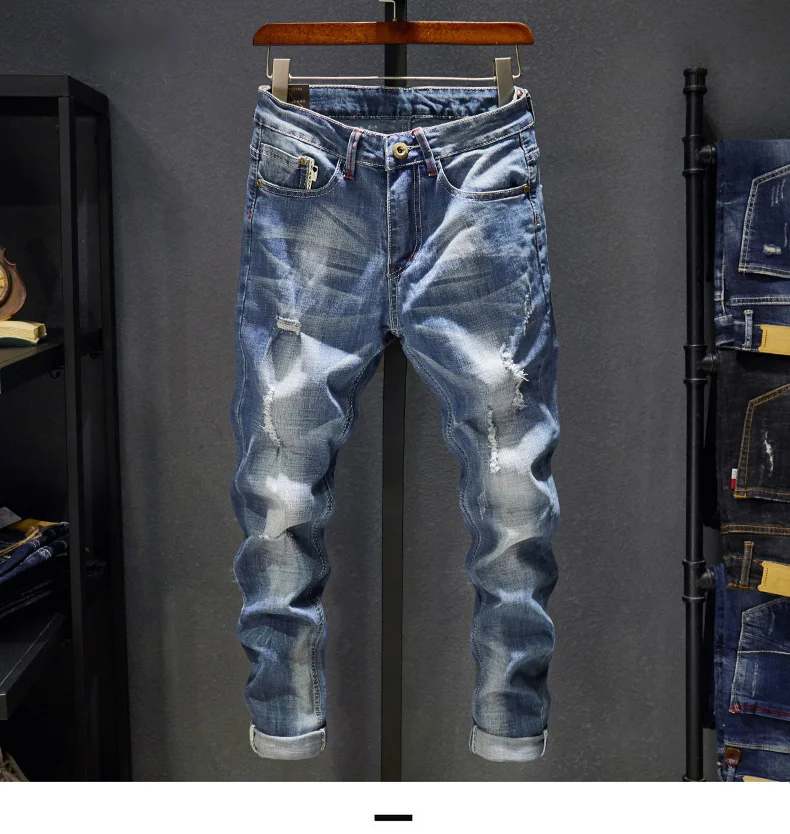 Elastic Jeans Youth Loose Light Color Big Hole Men's Scratched Beggar Slim Fit Feet Pants_voghion.com