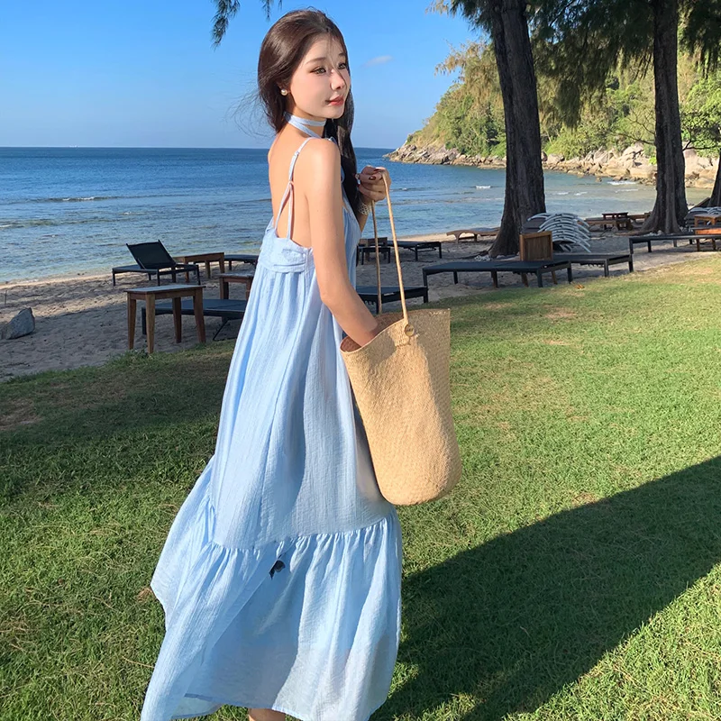 

New Backless Summer Midi Fairycore Dresses 2024 Butterfly Women Beach Long Blue Elegant Lolita Holiday Clothes Runway Vestidos