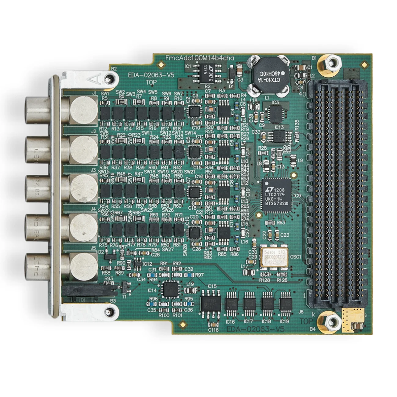 FMC ADC 100M 14B 4CHA is a 4 channel 100 MSPS (Mega Sample Per Second) 14-bit ADC card in FMC format (FPGA Mezzanine Card)(2-4w)