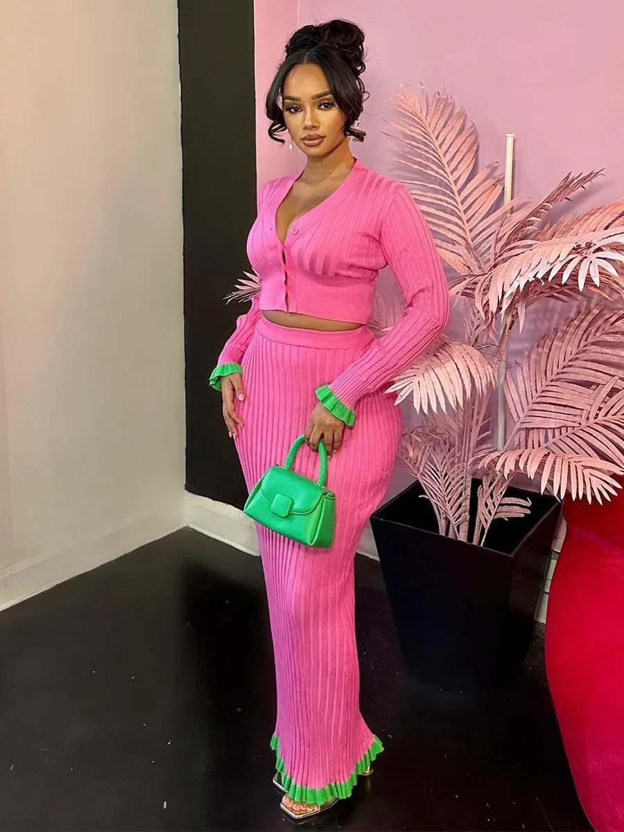 

Ruffle Edge Contrast Color Sexy Tight Knitted Dress Set for Women Autumn and Winter 2024 European and American Skirt C903