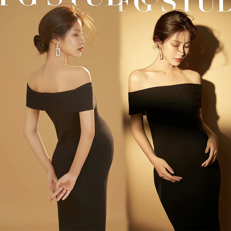 Dvotinst Women Photography Props Black Knitting Off-shoulder Maternity Dresses Elegant Split Pregnancy Dress for Photoshoot