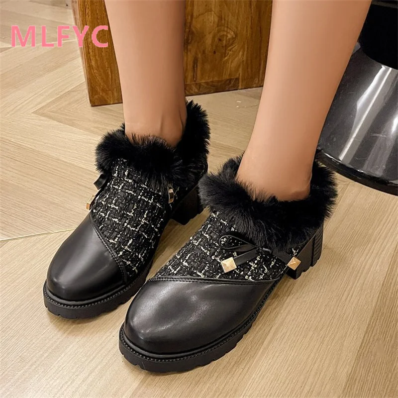 Large size single shoe women's 2023 winter new thick heels female shoes high heels fashion casual plush boots mujer
