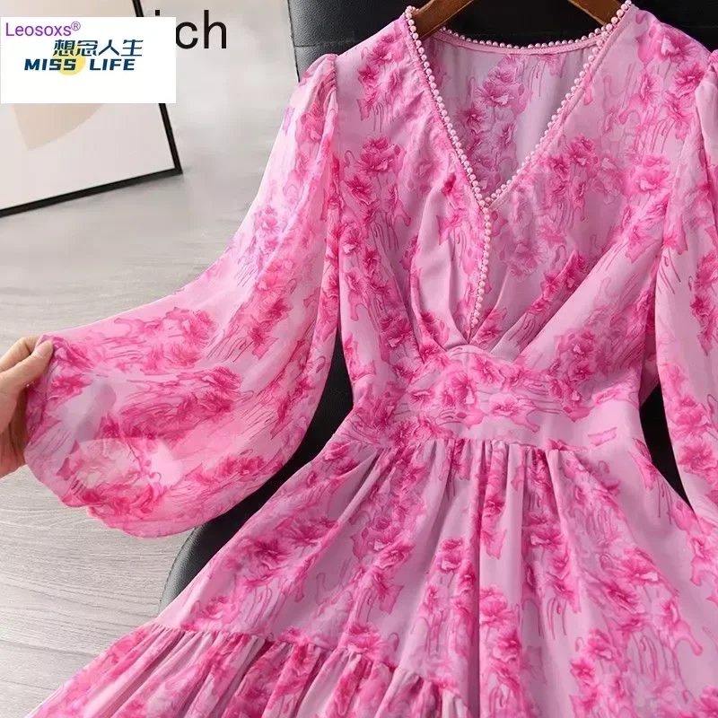 

Gagarich Floral Printting Lantern Sleeve Dress 2023 Summer Women Temperament Nail Bead V-Neck Chiffon High Waist Long Dresses