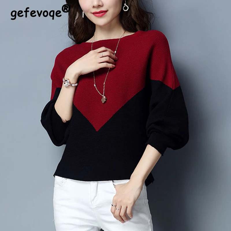 

Autumn Winter Casual Fashion Patchwork Loose Sweaters Women Batwing Sleeve All-match Knitting Pullover Ladies Bottoming Jumper