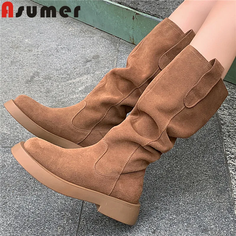 

ASUMER 2024 New Pleated Cow Suede Leather Western Boots Ladies Slip On Platform Knee High Boots Square Med Heels Autumn Boots