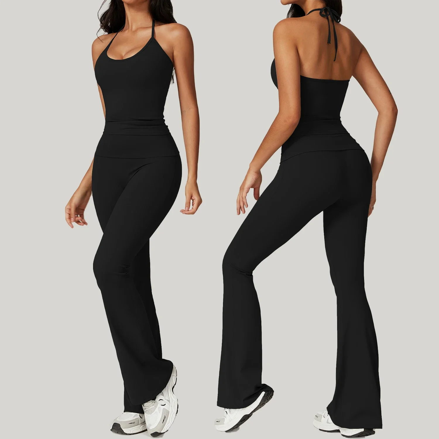 Hanging Neck Back Yoga Flared Pants Set Flip Fold High Waisted Skinny Gym Workout Breathable Casual Fitness Exercise Clothing yoga set sports set gym workout set sportswear set fitness set yoga pants set