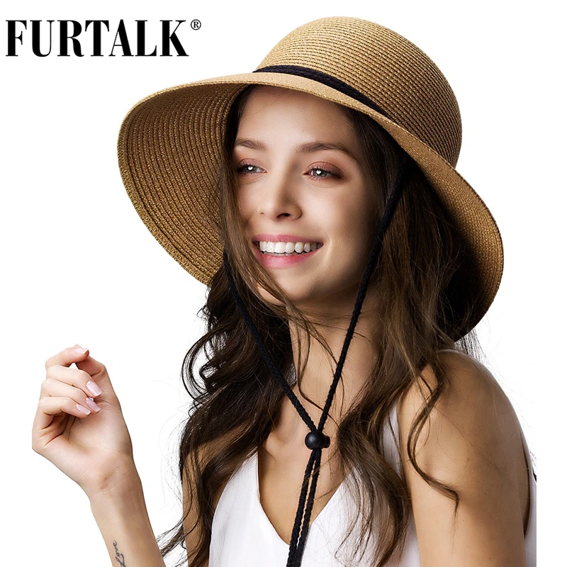 FURTALK Straw Summer Hat Women Sun Beach Hat with Wind Lanyard Wide Brim UPF 50+  Foldable Sun Protection Beach Hat 1