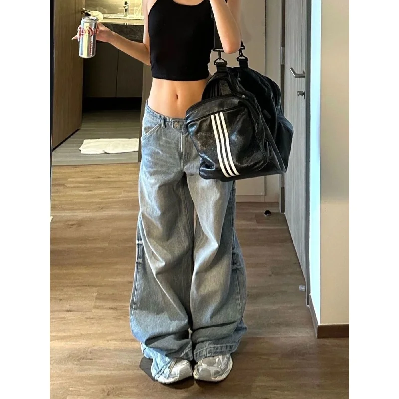 

Fashion Blue Casual Wide Leg Jeans For Women High Waisted Vintage Wash Loose Straight Trousers Korean Street Trend Y2K Pants
