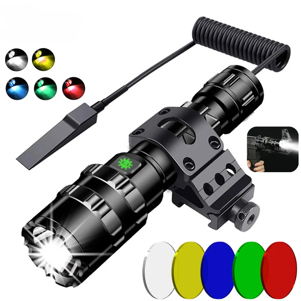

LED Tactical Hunting Torch Flashlight L2 18650 Aluminum Waterproof Outdoor Lighting with Gun Mount +Switch USB Rechargeable Lamp