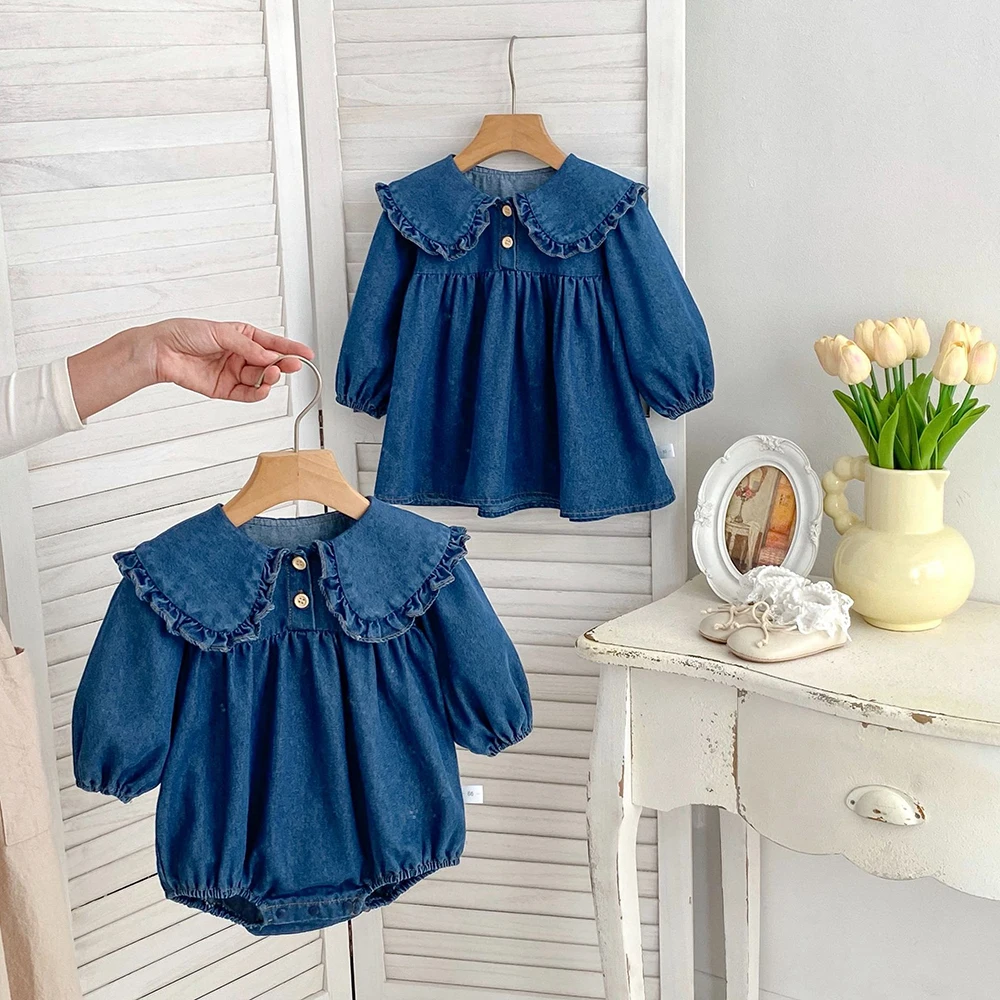 Denim Baby Girls Bodysuit Peter Pan Collar One Piece