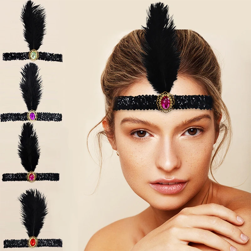 

9Styles Exaggerated Black Shiny Sequins Feather Elastic Headband Halloween Cosplay Concert Bar Celebration Party Perform Prop