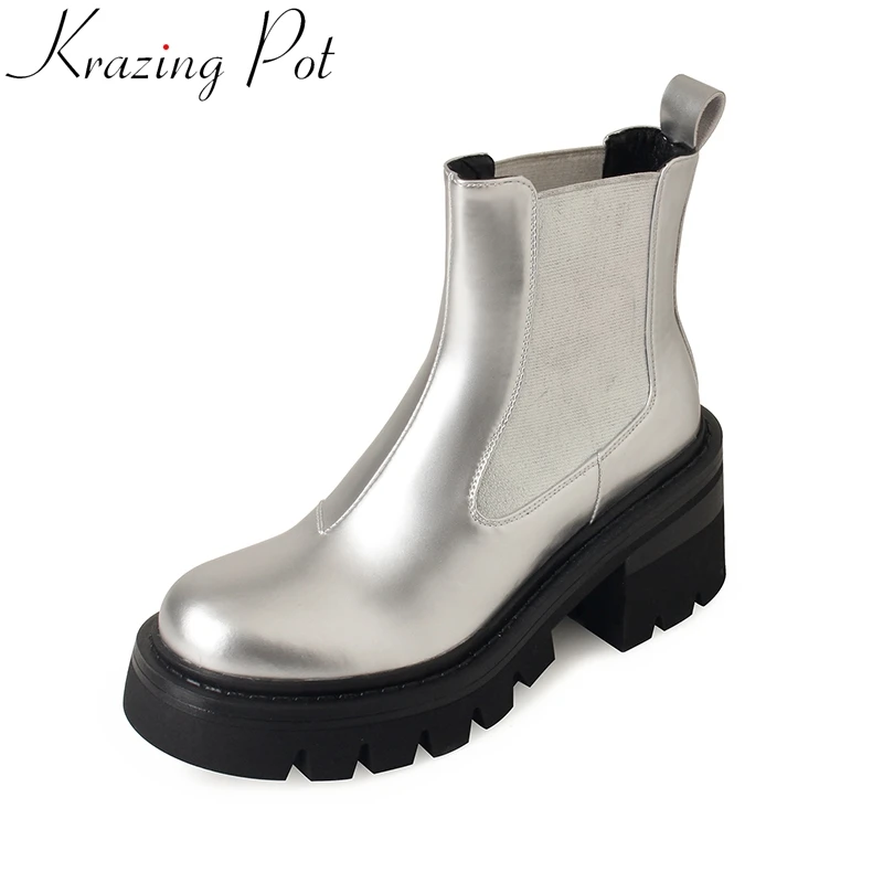 

Krazing Pot Cow Split Leather high Heels Slip on Chelsea Boots Warm Winter Shoes Platform Office Lady casual solid Ankle Boots