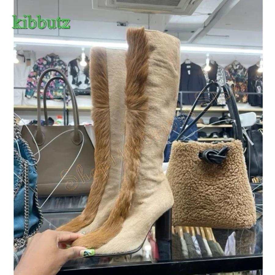 

Замшевые сапоги на высоком каблуке с острым носком, модные меховые сапоги до колена, сапоги на толстом каблуке и молнии для женщин, новинка 2024