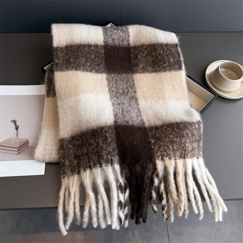 Winter Warm Thick Scarf Women Mohair Plaid Soft Tassel Shawl Wrap Pashmina Checkered Large Neck Blanket Scarf