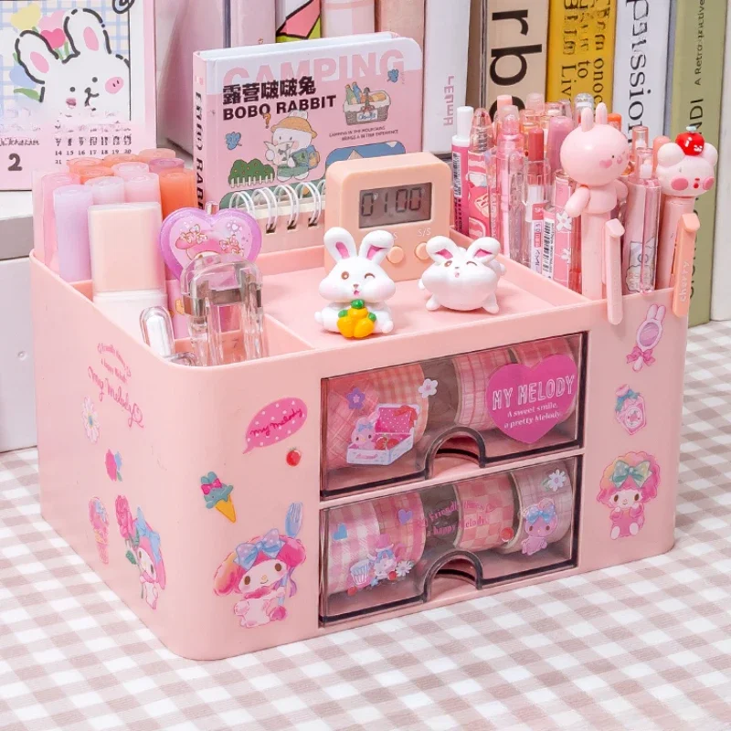 

Sanrio Cute Pen Holder Storage Box Organizer Kawaii Large Capacity Drawer Desktop Kuromi Melody Cinnamoroll Stationery Storage