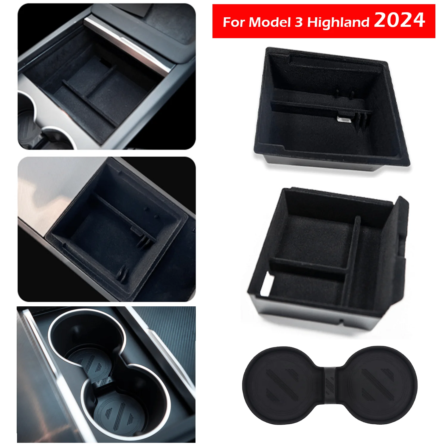 

For Tesla Model 3 Highland 2024 NEW 3PCS Flocked Material Center Console Organizer Tray Storage Box, Cup Holder Insert