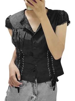 Women Lace Tops 1/4 Sleeve Round Neck Ruffle Buttons Party Casual Spring Summer Black Shirt 4