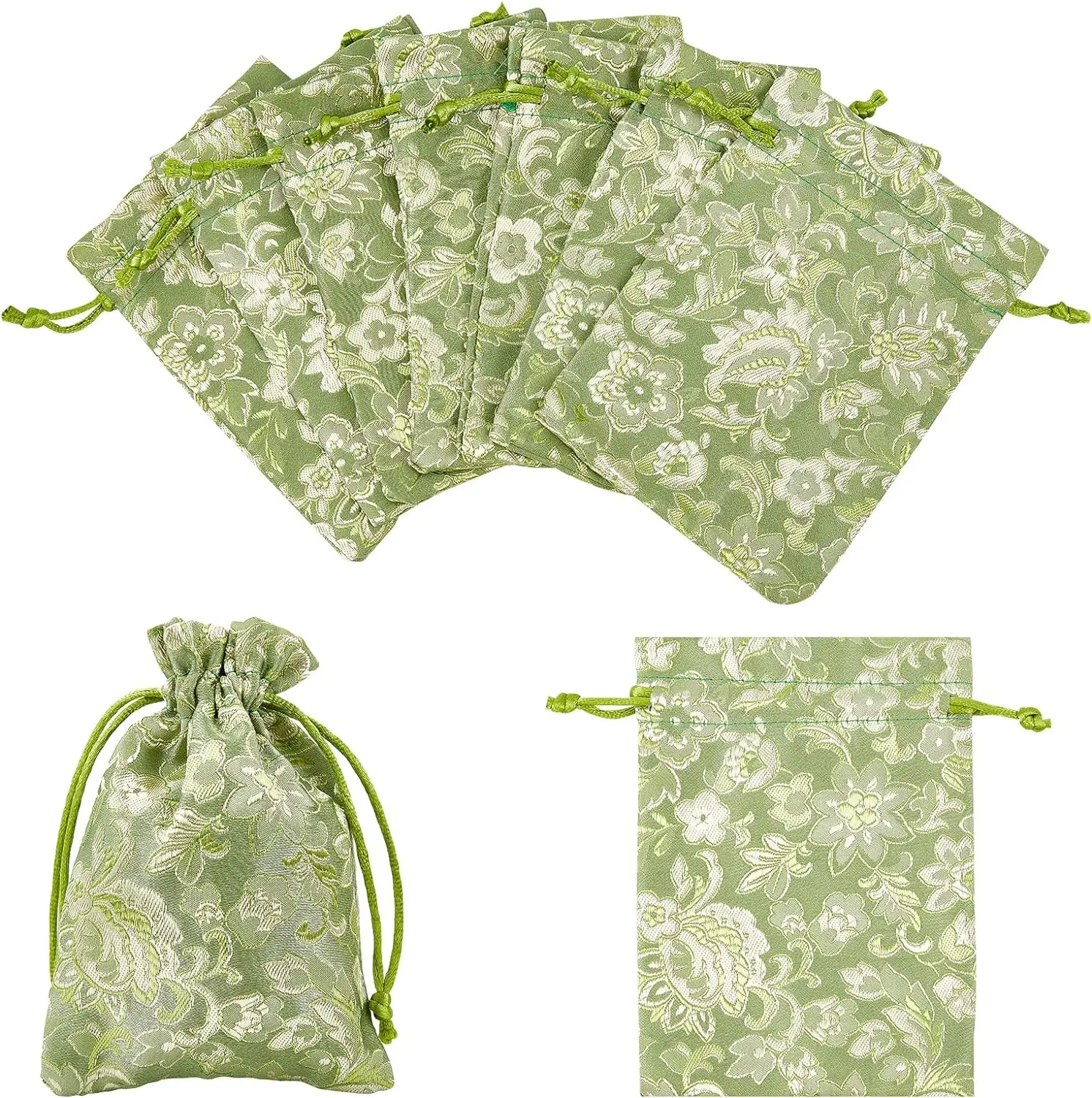 

20Pcs Lime Green Silk Brocade Jewelry Pouches Flower Embroidered Bags with Drawstrings Chinese Silk Pouches Wrapping Bags