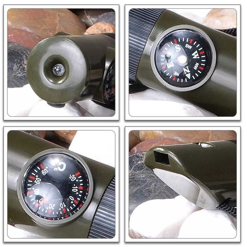 7 in 1 Compass Survival Whistle Multifunctional Thermometer Compass Whistle Magnifier Flashlight Storage Container Outdoor Tools