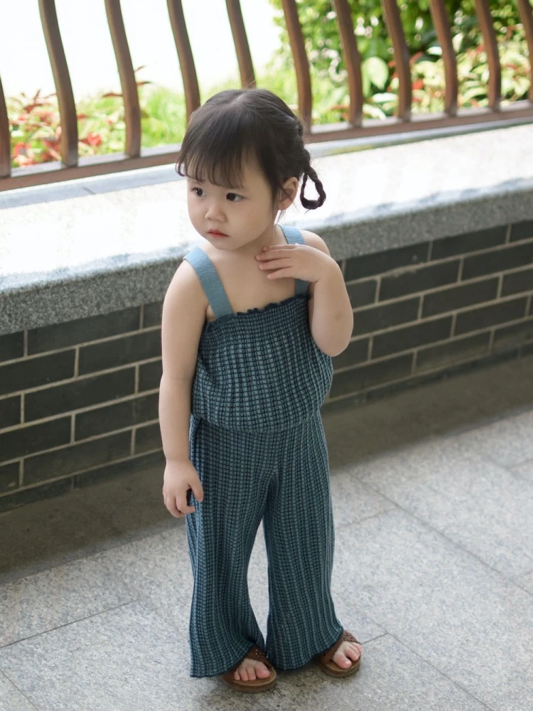 

Jenny&Dave Summer Cool Set! Girls' thin Modal cotton hollowed out knitted suspender baby straight pants girls