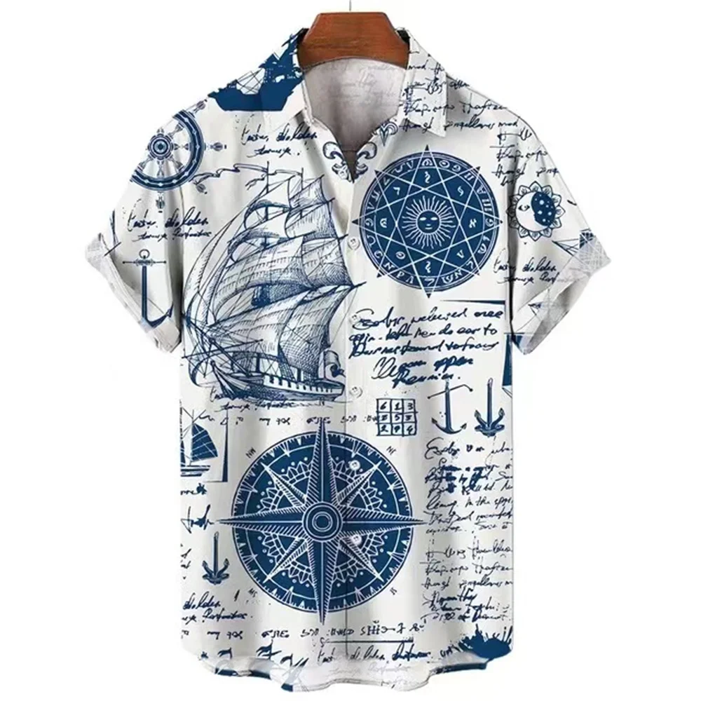 Men's Shirts Summer Fashion Nautical Pattern Printed Short Sleeve Casual Tops Men's Beach Shirts Oversized Loose Shirts