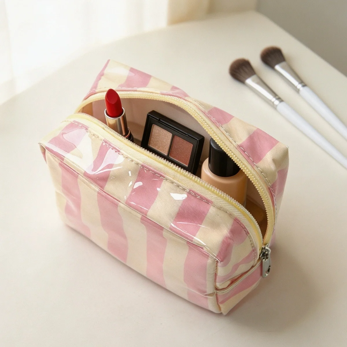 Chic Striped Mini Makeup Bag with Zipper - Stylish Cosmetic Pouch