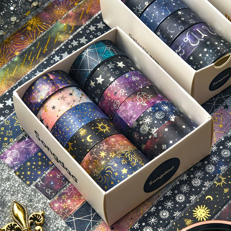 6Pcs Or 12Pcs Starry Sky Washi Tapes Scrapbooking Supplies Foil Decorative Adhesive Tape Washitape Diary Decorating Washi Tape 2
