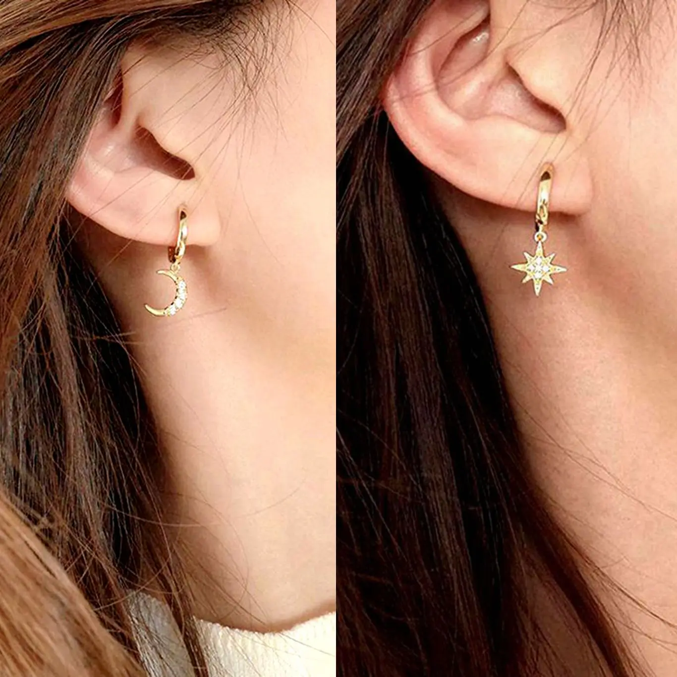 925 Sterling Silver Needle New Star/Moon Small Hoop Earrings for Women Exquisite Crystal Pendant Earrings Fashion Jewelry Gift
