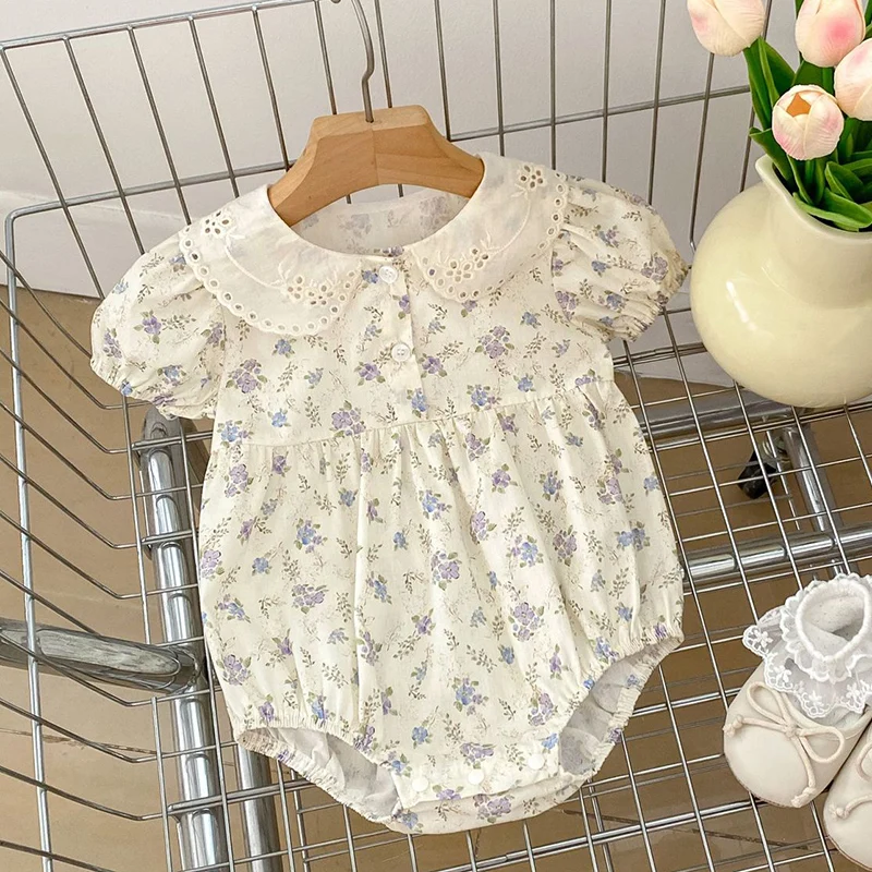 2024 New Summer Korean Style Climbing Suit Short Sleeved Cotton Print Toddler Baby Girls Jumpsuit 0-24M Baby Girl Clothing 2