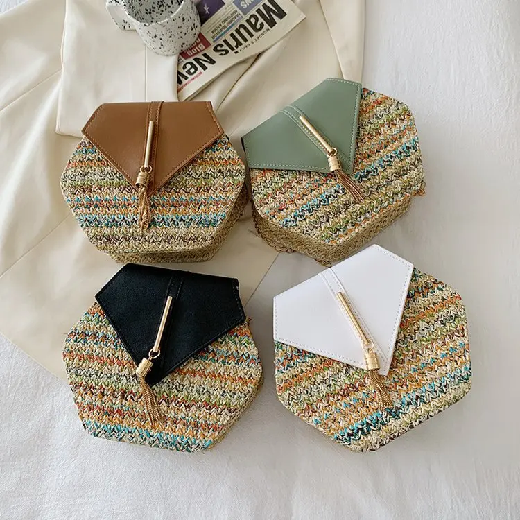 Women Spring Summer Woven Bags New 2022 Autumn Winter Straw Woven Bag Hexagonal Chain Shoulder Messenger Bag